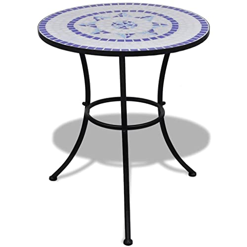 FIRBNUS 60x70 cm Bistrotisch mit Keramik Tischplatte Couchtisch Balkontisch Terrassentisch Gartentisch Dining Table Kaffeetisch Esstisch Teetisch Blau und Weiß Mosaik Tisch Eisenrahmen von FIRBNUS