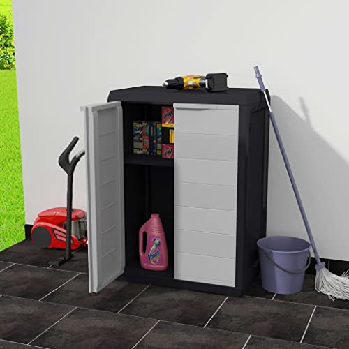 FIRBNUS 65x38x87 cm Gartenschrank mit 1 Regal Schwarz und Grau Putzschrank Aufbewahrungsschrank Outdoor Schrank Balkonschrank Mehrzweckschrank Kompaktes Design Geeignet für Gärten oder Terrassen von FIRBNUS