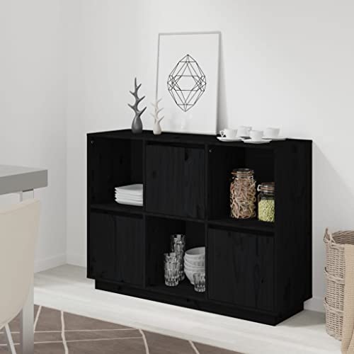 FIRBNUS Aufbewahrungsschrank 110,5x35x80 cm mit 3 Türen und 3 Offenen Fächern Bücherschranks Beistellschrank Beistelltisch Badezimmerschrank Kommode Schwarz Schrank Massivholz Kiefer von FIRBNUS