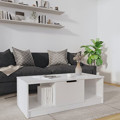 FIRBNUS Blumentisch Weiß Hochglanz 102x50x36 cm Bürotisch Beistelltisch Holz Wohnzimmertisch Modern Kleiner Tisch Wohnzimmer Coffee Table Coutischtisch Teetisch mit Tür und 2 Offenes Fach von FIRBNUS