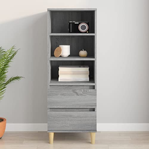 FIRBNUS Bücherschranks Seitenschrank 40x36x110 cm mit 3 Offene Fächer und 2 Schubladen Beistellschrank Schubladenschrank Lagerschrank Kommode Grau Sonoma Sideboard Wohnzimmer Holzwerkstoff von FIRBNUS