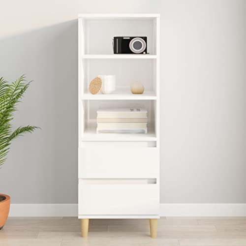 FIRBNUS Bücherschranks Seitenschrank 40x36x110 cm mit 3 Offene Fächer und 2 Schubladen Beistellschrank Schubladenschrank Lagerschrank Kommode Hochglanz Weiß Sideboard Wohnzimmer Holzwerkstoff von FIRBNUS