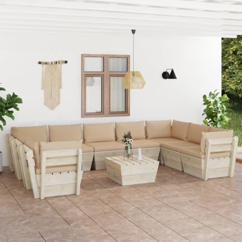 FIRBNUS Garten-Lounge-Set aus Holz 10 STK. Outdoor-Sofa mit Beige Polsterung Modulsofa Gartenmöbel Witterungsbeständig und Umweltfreundlich von FIRBNUS
