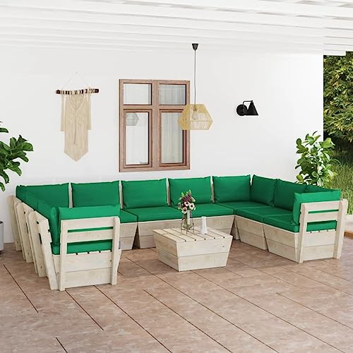 FIRBNUS Garten-Lounge-Set aus Holz 10 STK. Outdoor-Sofa mit Grün Polsterung Modulsofa Gartenmöbel Witterungsbeständig und Umweltfreundlich von FIRBNUS