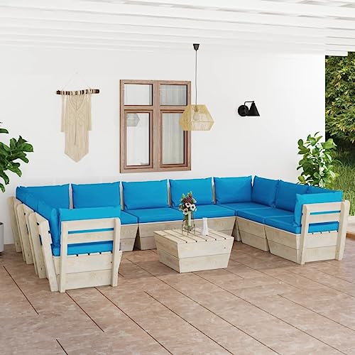 FIRBNUS Garten-Lounge-Set aus Holz 10 STK. Outdoor-Sofa mit Hellblau Polsterung Modulsofa Gartenmöbel Witterungsbeständig und Umweltfreundlich von FIRBNUS