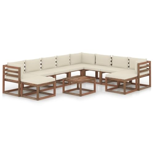 FIRBNUS Garten-Lounge-Set aus Holz 11 STK. Outdoor-Sofa mit Cremeweiß Dicken Polsterung Modulsofa Gartenmöbel Witterungsbeständig und Umweltfreundlich von FIRBNUS