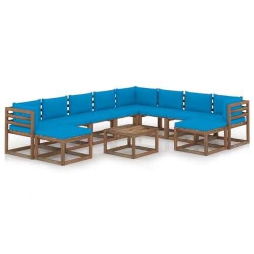 FIRBNUS Garten-Lounge-Set aus Holz 11 STK. Outdoor-Sofa mit Hellblau Dicken Polsterung Modulsofa Gartenmöbel Witterungsbeständig und Umweltfreundlich von FIRBNUS