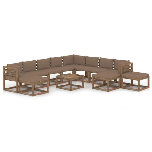 FIRBNUS Garten-Lounge-Set aus Holz 12 STK. Outdoor-Sofa mit Taupe Dicken Polsterung Modulsofa Gartenmöbel Witterungsbeständig und Umweltfreundlich von FIRBNUS