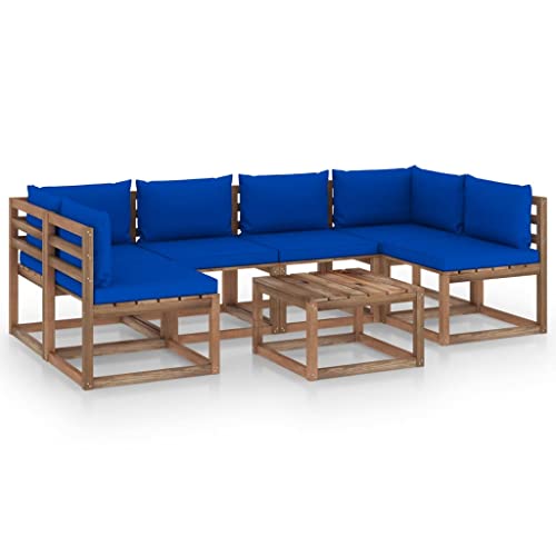 FIRBNUS Garten-Lounge-Set aus Holz 7 STK. Outdoor-Sofa mit Blau Dicken Polsterung Modulsofa Gartenmöbel Witterungsbeständig und Umweltfreundlich von FIRBNUS