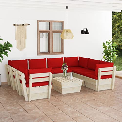 FIRBNUS Garten-Lounge-Set aus Holz 9 STK. Outdoor-Sofa mit Rot Polsterung Modulsofa Gartenmöbel Witterungsbeständig und Umweltfreundlich von FIRBNUS
