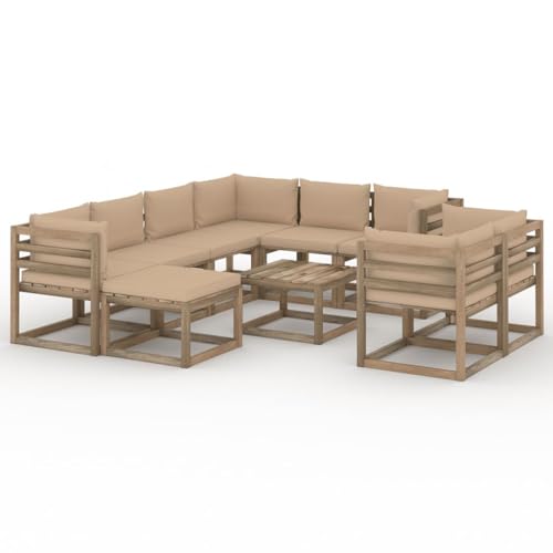 FIRBNUS Garten-Lounge-Set aus Holz Outdoor-Sofa 10 STK. mit Beige Dicken Polsterung Modulsofa Gartenmöbel Witterungsbeständig und Umweltfreundlich von FIRBNUS