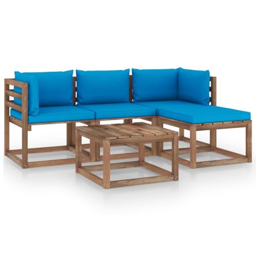FIRBNUS Garten-Lounge-Set aus Holz Outdoor-Sofa mit Hellblau Dicken Polsterung Modulsofa Gartenmöbel 5 STK. Witterungsbeständig und Umweltfreundlich von FIRBNUS