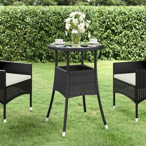 FIRBNUS Gartentisch Ø60x75cm Gehärtetes Glas & Polyrattan Schwarz Tisch Bar Tisch Rattan Tisch Glas Gartentisch Glas Gartentisch Glas Bistrotisch Runder Tisch von FIRBNUS