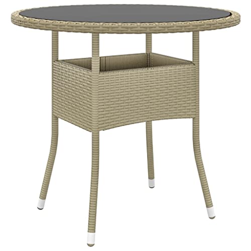 FIRBNUS Gartentisch Ø80x75cm Gehärtetes Glas & Polyrattan Beige Runder Tisch Bar Tisch Rattan Tisch Glas Gartentisch Glas Bistrotisch Runder Tisch von FIRBNUS