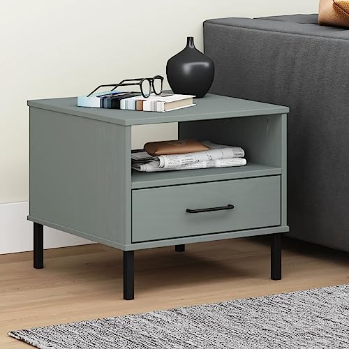 FIRBNUS Nachttisch mit Metallbeinen Grau Massivholz Kiefer OSLO Beistelltisch Tisch Wohnzimmer Couchtisch Nachttisch Moderne Nachttisch Schubladen Couchtisch Wohnzimmer von FIRBNUS