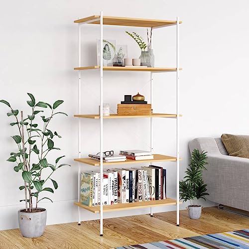 FIRBNUS Regal mit 5 Böden 80x40x163 cm Regal Metall Badregal Stehend BüCherregal Holz Kinderregal Mit Boxen Badezimmer Regal Metallregal Holzregal Regal Badezimmer Weiß und Eiche-Optik von FIRBNUS