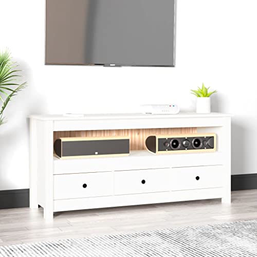 FIRBNUS TV-Schrank Weiß 114x35x52 cm Massivholz Kiefer Sideboard Holz TV Lowboard Holz Schrank Schubladen TV Unterschrank TV Board TV Schrank Holz Lowboard Holz Kommode Holz TV Kommode von FIRBNUS