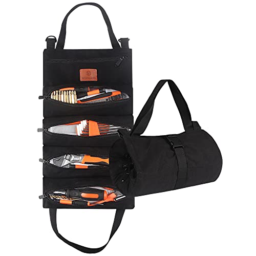 FIREDOG Aufrollbare Werkzeugtasche, Segeltuch-Schraubenschlüssel-Rolltasche, Mehrzweck-Werkzeug-Rollen-Organisation, 5 Werkzeugtaschen mit Reißverschluss (schwarz) von FIREDOG