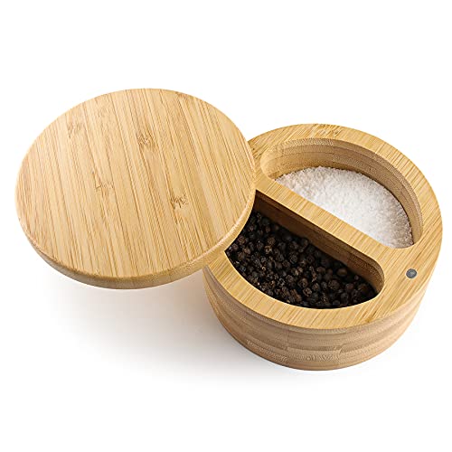 Bambus-Salzbox, Bambusbehälter mit magnetischem Deckel für sichere Aufbewahrung, Bambus-Salz- und Pfefferbox mit zwei Fächern (groß) von FIRJOY