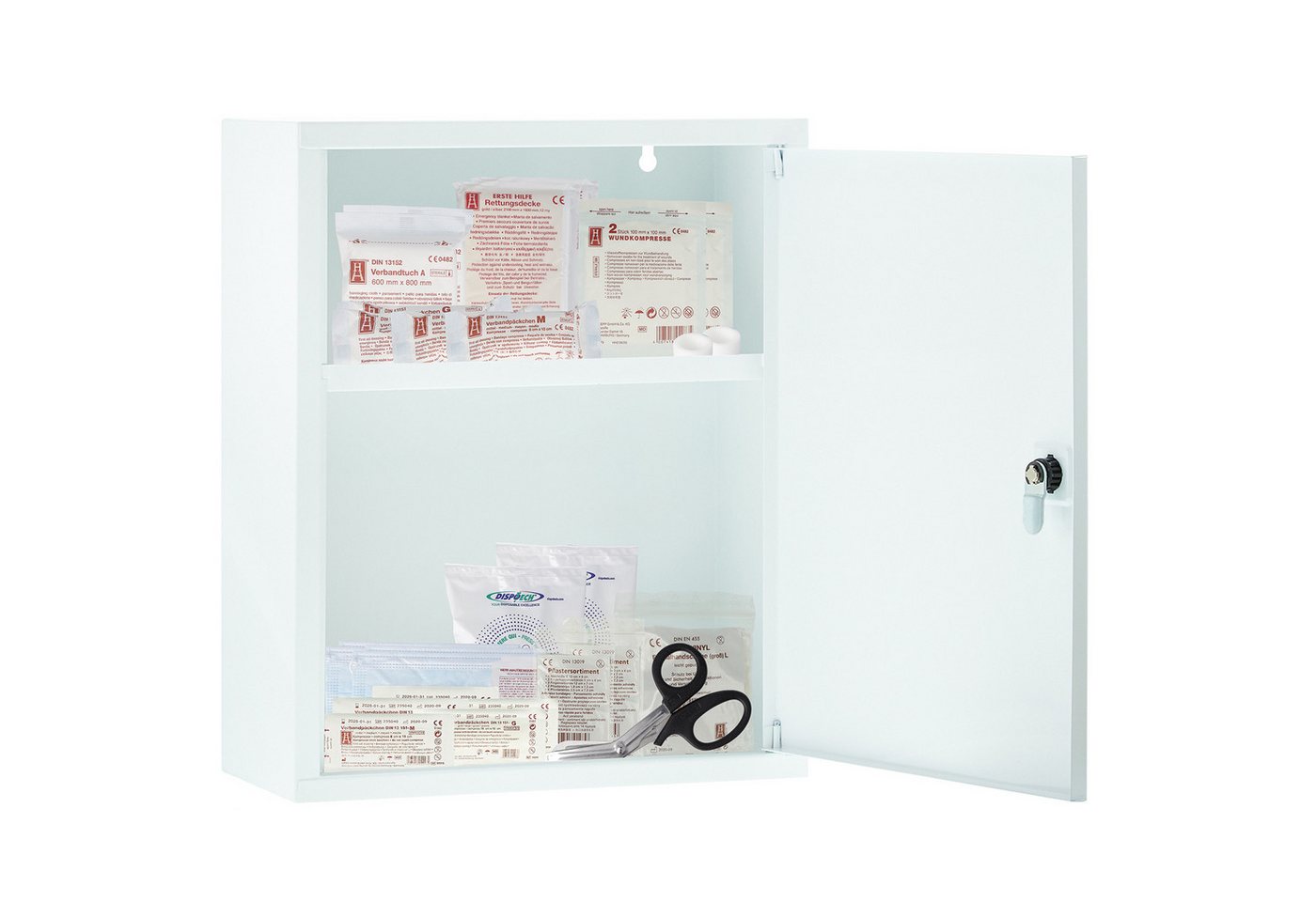 FIRST AID ONLY® Medizinschrank Verbandschrank Weiß mit 2 Fächern mit DIN 13169 Füllung Medizinschrank 37 x 30 x 14 cm von FIRST AID ONLY®
