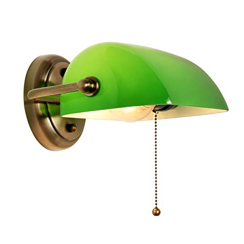FIRVRE Wandleuchte Vintage mit Zugschalter, Wandlampe Retro E27 mit Banker's Glass, Lampenschirm Drehbar, für Wohnzimmer flur Treppenhaus Kopfteil-Einzelpackung von FIRVRE
