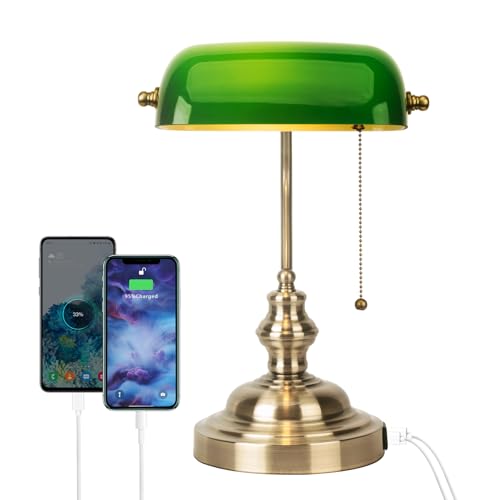 FIRVRE Grün Glas Banker Schreibtischlampe Tischlampen Retro Tischleuchte mit kabellosem Ladegerät USB Nachttischlampe mit Ladefunktion Antikes Metall Messing Zugkettenschalter FIRVRE Grün Glas Banker Schreibtischlampe Tischlampen Retro Tischleuchte mit kabellosem Ladegerät USB Nachttischlampe mit Ladefunktion Antikes Metall Messing Zugkettenschalter von FIRVRE