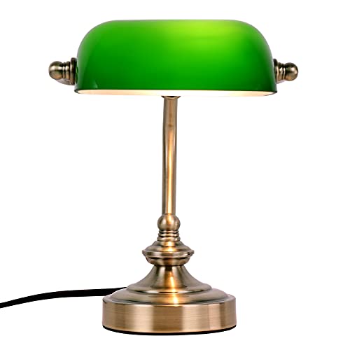 FIRVRE Grün Glas Banker Schreibtischlampe, klassische G9 Bronze Finish Basis, Plug in Vintage Tischleuchte, Mini-Größe.：18.5cm*24cm(Glühbirne nicht enthalten) von FIRVRE