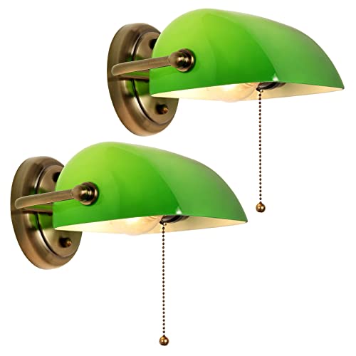 FIRVRE Bankers Wandleuchten aus Grünem Glas traditionelle europäische Vintage klassische mit Verstellbarem Retro Lampenschirm und Zugkette Schalter für Schlafzimmer Korridor Bibliothek von FIRVRE