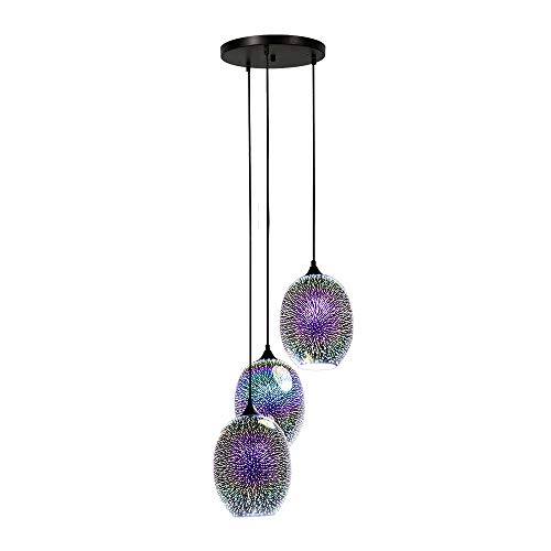 FIRVRE Pendelleuchte 3D Bunte Pendelleuchte Vintage LED Kronleuchter Hängelampe Glas Feuerwerk Lampenschirm Bunt Höhenverstellbar Hängeleuchte für Küche Restaurant Schlafzimmer Bar von FIRVRE