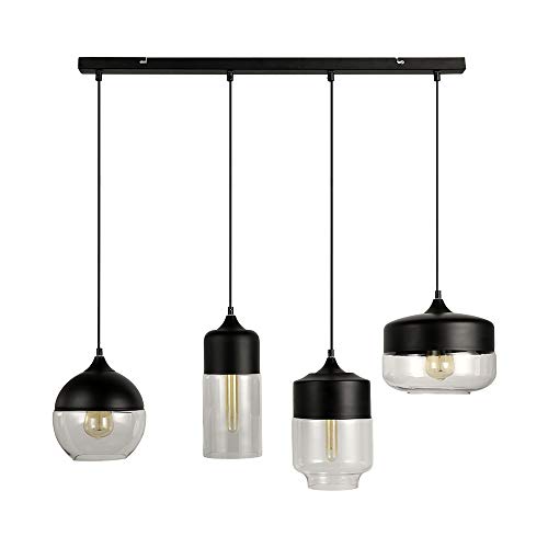 FIRVRE Pendelleuchte Esstisch Hängelampe Glas Modern Hängeleuchte mit Lampenschirm aus Glas Pendellampe schwarz transparent Esszimmerlampe 4-Flammig Esstischlampe E27 Glashängeleuchte von FIRVRE