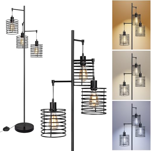 FIRVRE Industrial Stehlampen 3-Lights Vintage Stehlampe mit Diamond Cage Lampenschirme Schwarz Metall Bauernhaus Rustic Tall Tree Lampe mit Schalter Wohnzimmer Schlafzimmer Sofa Ecke Büro von FIRVRE