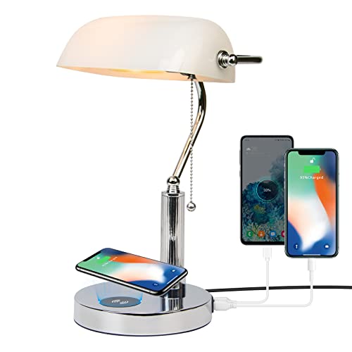 FIRVRE Weiß Glas Banker Schreibtischlampe klassische Retro Tischleuchte mit kabellosem Ladegerät USB Nachttischlampe mit Ladefunktion Antikes für Home Office Bibliothek Klavier von FIRVRE
