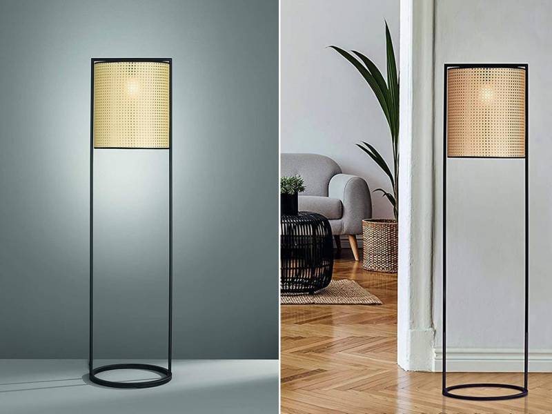 meineWunschleuchte LED Stehlampe, LED wechselbar, Warmweiß, Höhe 150cm, Schwarz mit Lampen-Schirm Beige in Rattan-Optik von meineWunschleuchte