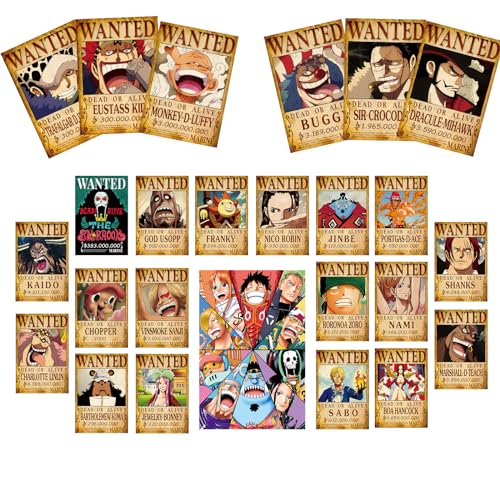 FISH DRAGATE 25 Stück Anime One Piece Poster 7,8 x 11,2 Zoll New Bounty Wanted Edition Strohhut Piraten Nika Ruffy Gear 5, Zoro Sanji Fifth Gear Ruffy, Kidd, Law, Wandcollage-Kits von FISH DRAGATE