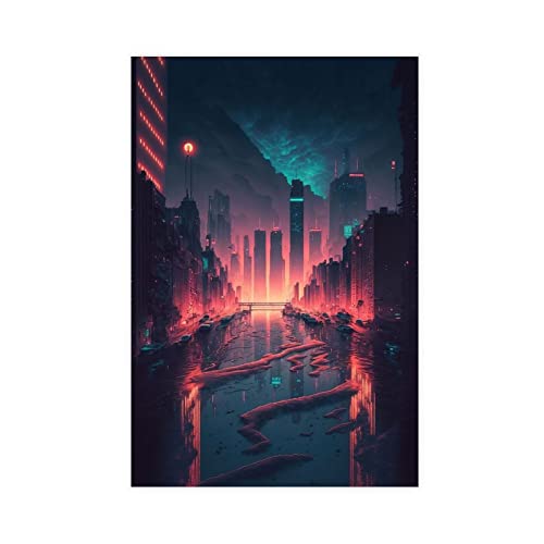 FISH DRAGATE Synthwave Stadtbild Cyberpunk Leinwand Poster Wandkunst Bild Druck Modern für Wohnzimmer Schlafzimmer Wohnkultur Rahmenlos 20x30inch (50x75cm) von FISH DRAGATE