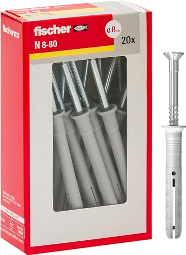 FISHER Fischer 508277 Verlängerte Batterie-Dübel N 8 x 60 Y, Schlagbefestigung mit vormontiertem Nagel für Voll, Halb-und Beton, 20 Stück pro Packung, grau, 8 x 80 mm, 8X80 MM von fischer