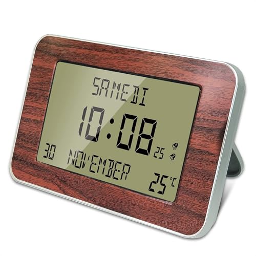 FISHTEC Funkuhr Wecker mit Kalender – Große Anzeige, Datum, Tag, Uhrzeit, Temperatur, 2 Alarme, Wandbefestigung oder Standfuß – Holzoptik, 24 x 14 cm von Fishtec