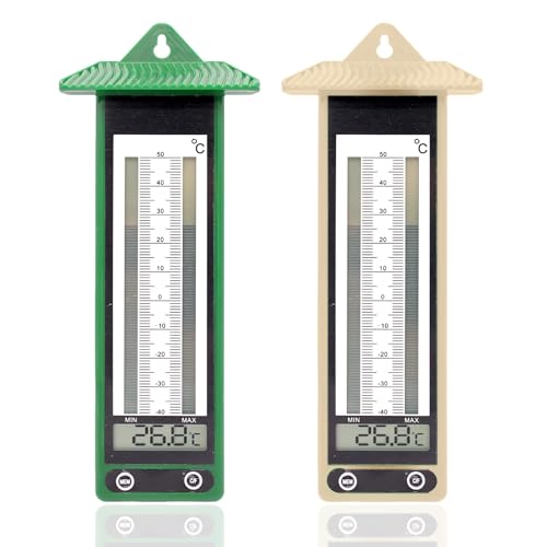 FISHTEC Mini Maxi Digital und Analog Thermometer - Outdoor Thermometer für Garten - 2er Set - Digitale Anzeige - Extreme Temperaturen (-40°C/ +50°C) - 22 cm x 9 cm - Temperatur In/Out - Beige & Grün von Fishtec