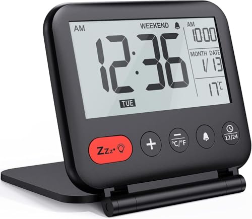 Fishtec Reisewecker Mini Digitaluhr LCD tragbar mit Kalender Hintergrundbeleuchtung 12/24H – Temperaturfunktion – Schminkspiegel – kleine Schreibtischuhr faltbar batteriebetrieben von Fishtec