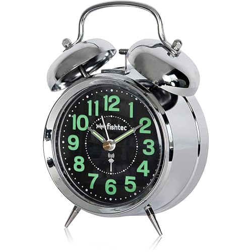 Fishtec - Retro Wecker - Funkgesteuert - Vintage Wecker mit Doppelglocke - Batteriebetrieben - Nachttischuhr - Verchromt - 18 cm - Leuchtet im Dunkeln - Fluoreszierend grün - Vintage von Fishtec