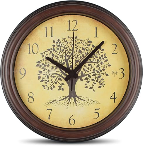Fishtec Wanduhr Baum des Lebens Ø 30,5 cm – große Ziffern – Radio gesteuert und leise ohne Tic Tac – Rahmenleiste – Zifferblatt in Holzoptik – Retro-Stil von Fishtec