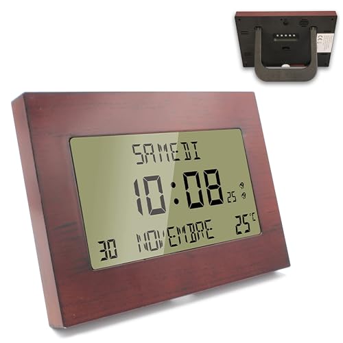 Fishtec - Digitale Wanduhr Radiogesteuert mit Wecker - Kalender, Außentemperatur, 8 Sprachen, Große Ziffern - 23 x 16 cm - Wand- oder Ständerhalterung - Holzoptik von Fishtec