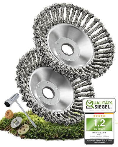 FISO® Profi Unkrautbürste - 2 Stück I Universal Wildkrautbürste für Motorsense - 25,4mm Bohrung & 20mm Adapter I Drahtbürste Freischneider für effektive Unkrautentfernung I Unkraut Bürste von FISO