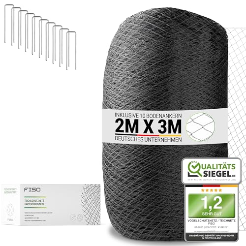 FISO® Teichnetz - 2x3m I Vogelschutznetz engmaschig, robust, witterungs- & UV-beständig I Schwarzes Teich Netz feinmaschig (15x15mm) I Netz zum Schutz von Teich, Balkon, Kirschbaum & Mehr von FISO