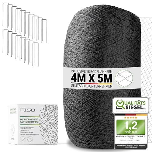 FISO® Teichnetz - 4x5m I Vogelschutznetz engmaschig, robust, witterungs- & UV-beständig I Schwarzes Teich Netz feinmaschig (15x15mm) I Netz zum Schutz von Teich, Balkon, Kirschbaum & Mehr von FISO
