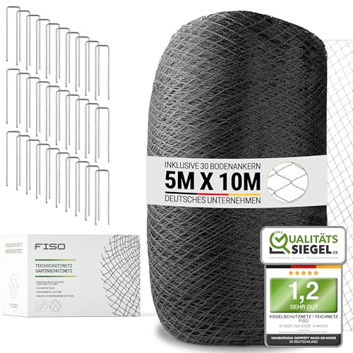 FISO® Teichnetz - 5x10m I Vogelschutznetz engmaschig, robust, witterungs- & UV-beständig I Schwarzes Teich Netz feinmaschig (15x15mm) I Netz zum Schutz von Teich, Balkon, Kirschbaum & Mehr von FISO