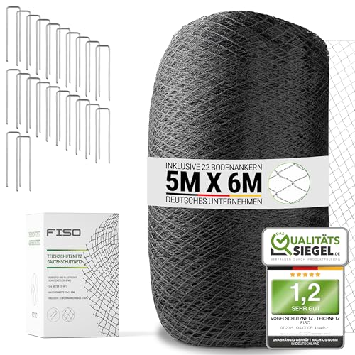 FISO® Teichnetz - 5x6m I Vogelschutznetz engmaschig, robust, witterungs- & UV-beständig I Schwarzes Teich Netz feinmaschig (15x15mm) I Netz zum Schutz von Teich, Balkon, Kirschbaum & Mehr von FISO