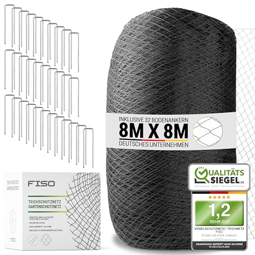 FISO® Teichnetz - 8x8m I Vogelschutznetz engmaschig, robust, witterungs- & UV-beständig I Schwarzes Teich Netz feinmaschig (15x15mm) I Netz zum Schutz von Teich, Balkon, Kirschbaum & Mehr von FISO