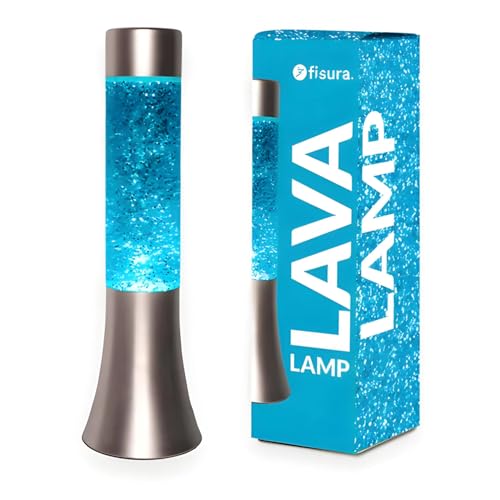 FISURA - Blaue glitzer Lavalampe. 30 cm große Lavalampe mit silbernem Sockel, blauer Flüssigkeit und Glitter. Lampe mit Entspannungseffekt. 9x9x30 cm von FISURA