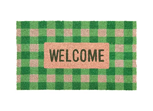 Fisura - Fußmatte außen "Welcome" aus Kokosnuss mit rutschfester PVC-Rückseite. Fußmatte mit handgemaltem Vichy-Muster. Größe: 70 cm x 40 cm. Farbe: grün und weiß. von FISURA